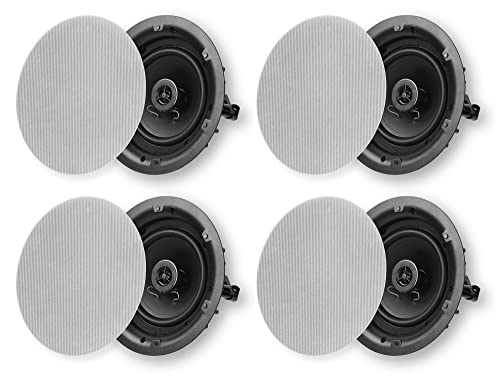 Micca 6.5" 2-Way in Ceiling or Wall Round Speakers, 4 Pack, 6.5 Inch Woofer, 8" Cutout Diameter, Low Profile Rimless Design, for Indoor Rooms or Covered Outdoor Porches, White, Paintable