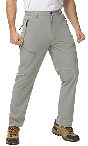 TBMPOY Men's Lightweight Hiking Travel Pants 5 Zip Pockets Stretch Athletic Cargo Pant Outdoor Work Camping Fishing Light Grey 34