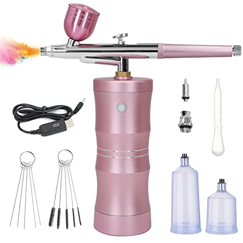 Nlapldy Airbrush Kit with Air Compressor, Upgraded 7.4V 34PSI Air Brush Gun Rechargeable Portable Cordless Air Brush Painting with 0.4mm Nozzle for Painting, Nail Art, Tattoo (Pink)