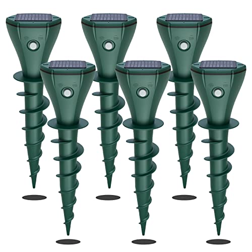 Mole Repellent Solar Powered, IP65 Waterproof Groundhog Gopher Armadillo Chipmunk Vole Repeller with Screw-Shape Stakes, Ultrasonic Snake Rodent Deterrent Spikes for Outdoor, Lawn, Yard, 6-Pack