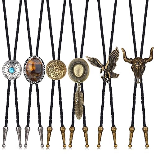 SAILIMUE 6 Pcs Leather Bolo Tie Turquoise Handmade Round Shape Western Cowboy Native American Bola Tie for Men Women