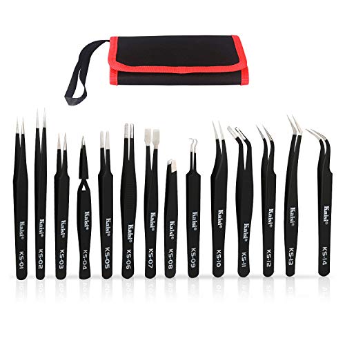 Kaisi 14 PCS Precision Tweezers Set, ESD Tweezer Set, Anti-Static Stainless Steel Tweezers Set for Craft, Jewelry, Electronics, Laboratory Work