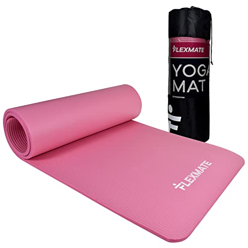 High-Density Yoga Mat For Women & Men With Carry Bag By Flexmate- Anti-Tear, Extra-Thick 20mm NBR Workout Mat For Home And Gym- Non-Slip Floor Fitness Mat For Exercise, Yoga, Pilates, Training- Black (Pink)