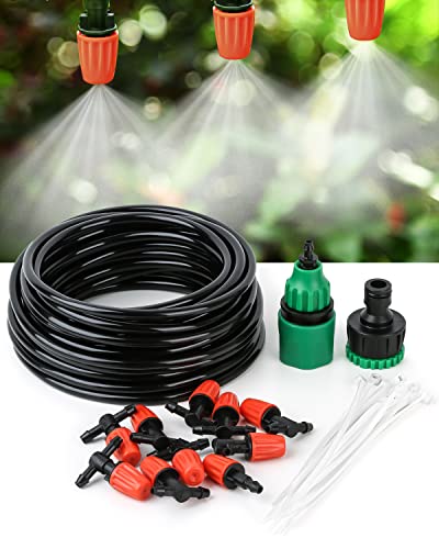 La Farah Mist Irrigation Kits,Micro Drip Irrigation Kit with 10M 1/4" Blank Distribution Tubing,10pcs Adjustable Nozzle,Quick Adapter,10pcs Nylon Cable Tie,Patio Misting Plant Watering System