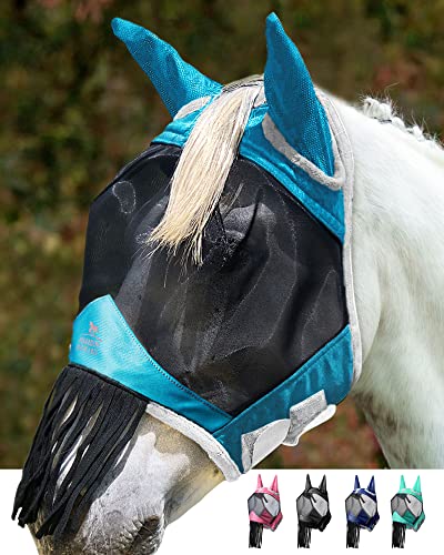 Harrison Howard CareMaster Horse Fly Mask with Ears and Nose Fringe Fly Protector Defender Mask Sky Blue M Cob