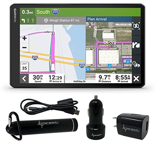 Garmin dzl OTR1010, Extra-Large, Easy-to-Read 10 GPS Truck Navigator, Custom Truck Routing, High-Resolution Birdseye Satellite Imagery with Wearable4U Power Pack Bundle