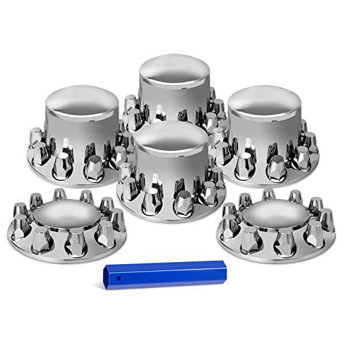 HQALTY 33mm Axle Cover Chrome Dome Combo Kit Thread-On Lug Nut Covers with 2 Front and 4 Rear Axle Wheel Covers Removable Hub Caps for Semi Truck (Installation Tool Included)