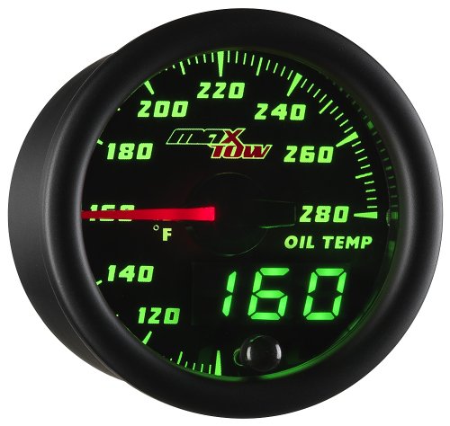 MaxTow Double Vision 280 F Oil Temperature Gauge Kit - Includes Electronic Sensor - Black Gauge Face - Green LED Illuminated Dial - Analog & Digital Readouts - for Trucks - 2-1/16" 52mm