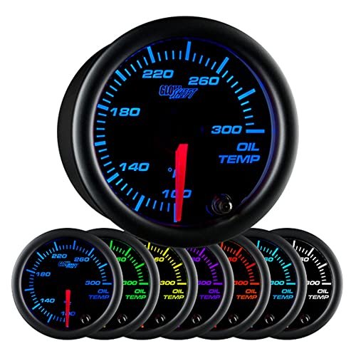 GlowShift Black 7 Color 300 F Oil Temperature Gauge Kit - Includes Electronic Sensor - Black Dial - Clear Lens - for Car & Truck - 2-1/16" 52mm