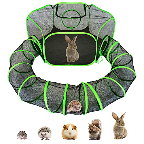 HEYHOME Small Animal Playpen Guinea Pig Hedgehog Cage Rabbit Cage with Fun Surround Tunnel Breathable & Transparent Pop Open Exercise Yard Fence with Top Cover Anti EscapePatent Pending