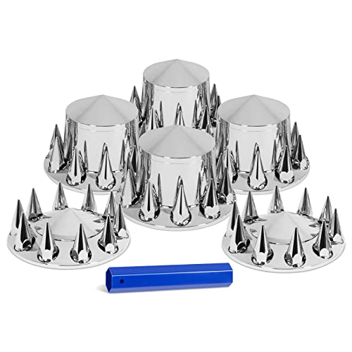 HQALTY 33mm Axle Cover Chrome Pointed Combo Kit Spike Screw-on Lug Nut Covers with 2 Front and 4 Rear Axle Wheel Covers Removable Hub Caps for Semi Truck (Installation Tool Included)