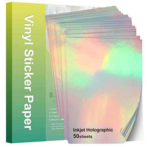 Stampcolour 50 Sheets Holographic Printable Vinyl Sticker Paper for Cricut,Glossy Decal Paper,Self-Adhesive Labels Crafts,Dries Quickly Tear Resistant-for Any Epson HP Canon Sawgrass Inkjet Printer A4