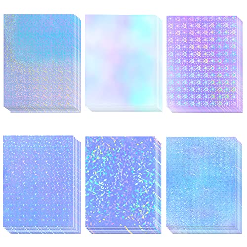 36 Sheets Holographic Sticker Paper, Clear Vinyl Lamination Sticker Film Self Adhesive, Transparent Overlay Laminate Sticker Paper Waterproof-Gem/Dots/Sand Star/Rainbow/Star/Heart, 8.5x11 Inch