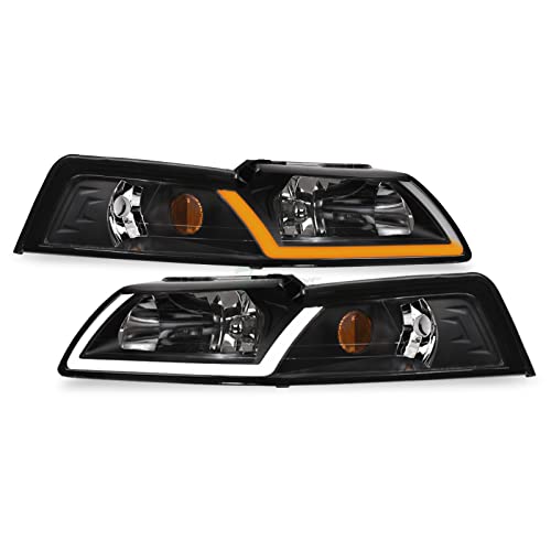 Switchback Sequential LED Tube Bar Black Housing Headlights with Amber Reflector nb for Ford Mustang 99-04