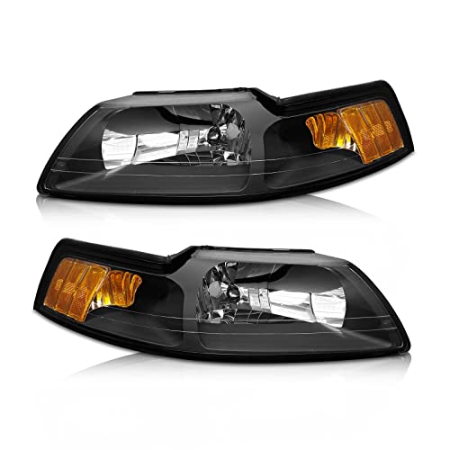 AS AUTOLIGHTS 1999 2000 2001 2002 2003 2004 Ford Mustang Headlight Assembly Replacement for 99 00 01 02 03 04 Ford Mustang with Black Housing Amber Reflector Clear Lens Pair 3R3Z13008CA/3R3Z13008DA