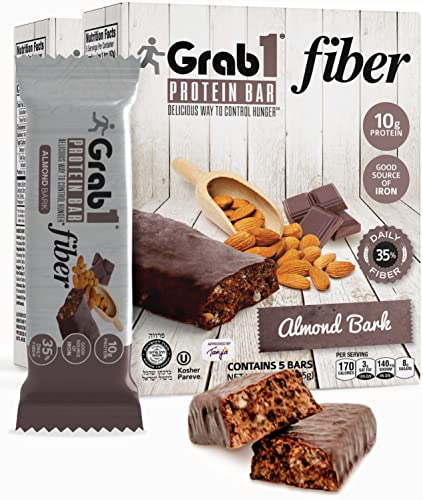 Grab1 "High Fiber" Dairy Free Protein Bars | 9 Grams Fiber | 10 Grams Protein | Almond Bark Flavor (2 Pack - 10 Bars) | Controls Hunger | Low Calorie | Lower Net Carbs | Certified Kosher | Perfect for Snacking