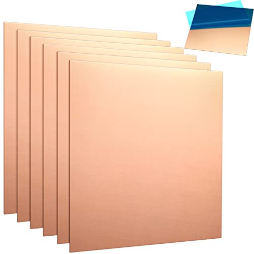 6 Pcs Pure Copper Sheet 6 x 6 Inch 24 Gauge (0.51mm) Thickness Copper Plate Double Sided Film Attached Metal Material Copper Sheet for Crafting, Jewelry, Repair, Electrical, Industry