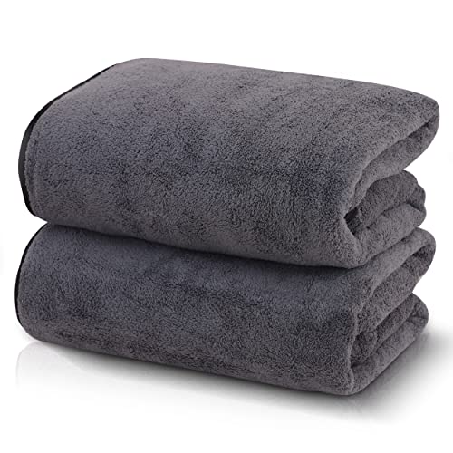 TENSTARS Silk Hemming Bath Towels for Bathroom Clearance - 27 x 55 inches - Light Thin Quick Drying - Soft Microfiber Absorbent Towel for Bath Fitness, Sports, Yoga, Travel, Gym - 2 Pack, Dark Grey