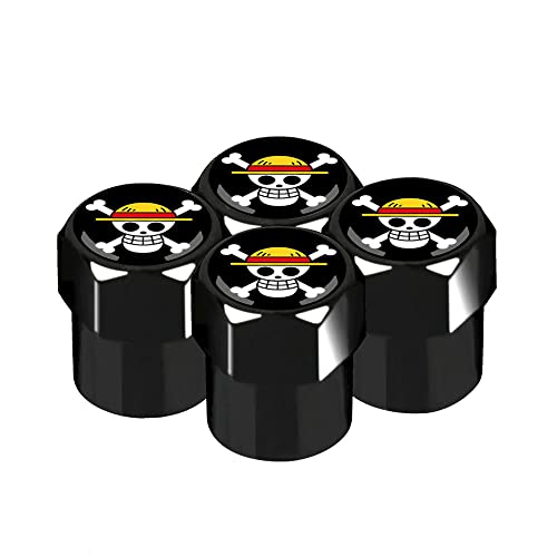 JWQI Anime Tire Valve Stem Caps, 4 Pack Car Tire Air Caps Cover, Hexagon Light-Weight Aluminum Alloy Screw-On Universal Auto Wheel Tire Stem Cover for Car Truck SUV Motorcycle Bike, Pirate Flag, Black