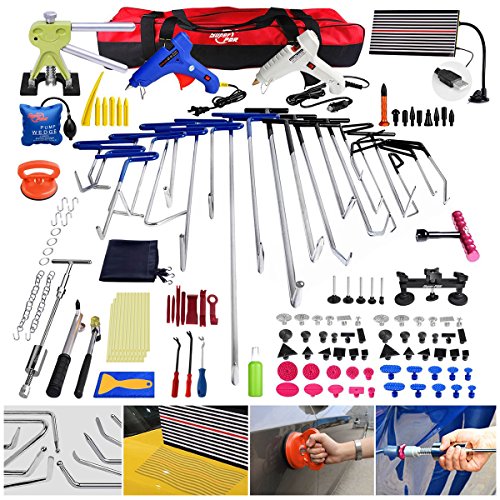 Super PDR 152pcs Professional PDR Rods Tool Set Stainless Steel Auto Body Paintless Dent Removal Hail Damage Door Ding Repair Kit with LED Line Board Bridge Dent Puller