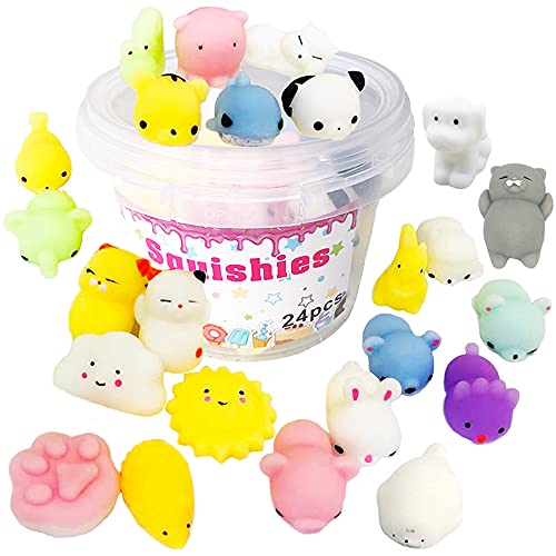 24pcs Mochi Squishy Toys Set with Storage Box, Mini Squishies Kawaii Animal Squishys Party Favors for KidsStress Reliever Anxiety Toys for Kids AdultsBirthday Gifts for Boys & Girls