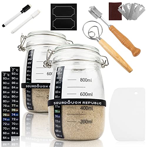 Hemlock Home Brewing Sourdough Starter Jar Kit, Sourdough Bread Baking Supplies, 2-Pack, 34 oz. Glass Jars for Sourdough Starter, Wide Mouth Starter Dough Crock (SDJ-2)