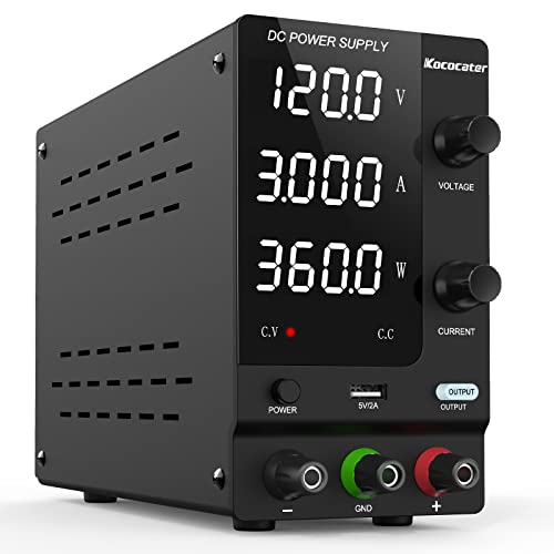 IKococater DC Power Supply Variable 120V 3A with Output Switch, Adjustable Regulated Switching Bench Power Supply with 4-Digits LED Power Display, 5V/2A USB Interface, Accurate Encoder Adjustment Knob