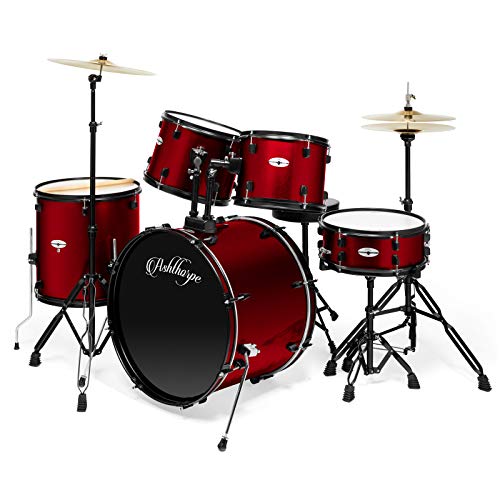 Ashthorpe 5-Piece Complete Full Size Adult Drum Set with Remo Batter Heads - Red