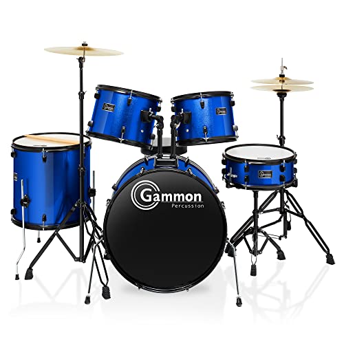 Gammon Percussion Full Size Complete Adult 5-Piece Drum Set with Cymbals, Stands, Stool, and Sticks - Blue