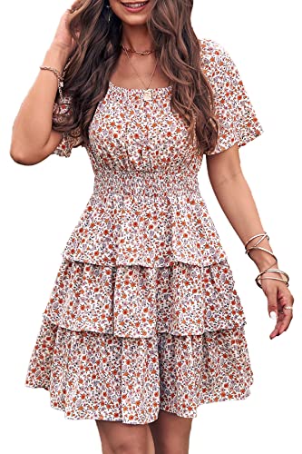 PRETTYGARDEN Women's 2023 Floral Summer Short Dress Square Neck Short Sleeve Tiered Ruffle Boho Swing Dresses (White,Medium)