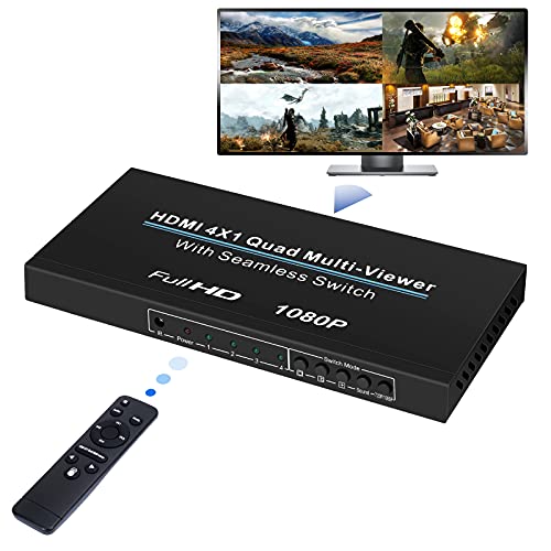 HDMI Multi-Viewer Switch 4x1, HDMI Quad Seamless Switcher 4 in 1 Out Support 1080P@60Hz & 5 Display Mode, Split Screen for TV/PC/STB/DVD with IR Remote