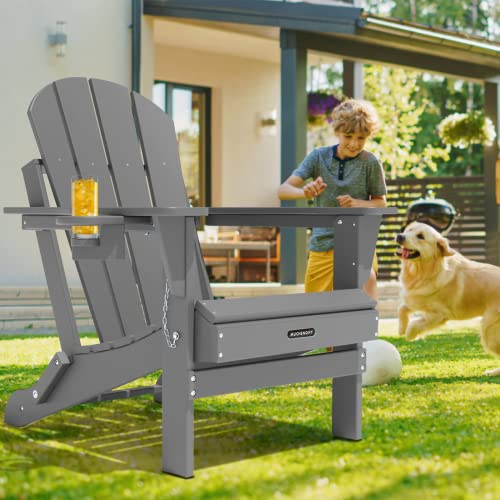 MUCHENGHY Folding Adirondack Chairs, Patio Chairs, Lawn Chairs, Outdoor Chairs, Adirondack Chair Plastic, Fire Pit Chairs, Weather Resistant with Cup Holder for Deck, Backyard, Garden(Gray)