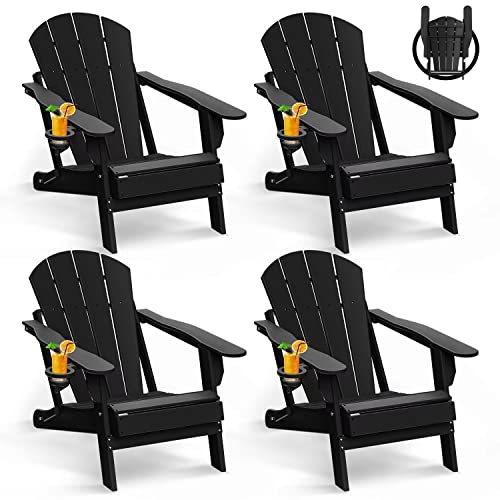 GREENVINES Folding Adirondack Chairs Set of 4, HDPE All-Weather Fire Pit Chairs with Cup Holder, Plastic Campfire Chair for Deck Backyard Patio Outdoor Poolside Porch Lawn Outside, Black