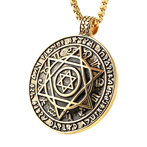 HZMAN Talisman Seal Solomon Six-Pointed Star 12 Constellation Pendant Stainless Steel Necklaces 24" Chain (Gold)