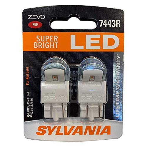 SYLVANIA Zevo 7443 Red LED T20 DC Super Bright Interior and Exterior Daytime Running DLR and Back Up Reverse Light Mini Auto Light Bulb Set, 2 Pack