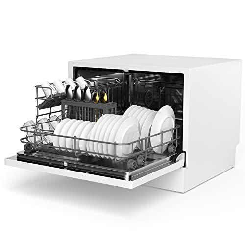 PETSITE Countertop Dishwasher, Portable Dishwasher w/ 5 Washing Programs, 6 Place Settings, 360 Dual Spray, High-Temperature Drying, Compact Kitchen Dishwasher for Dorm, RV, Small Apartment