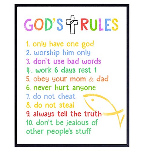 Ten Commandments for Kids - Religious Scripture, Bible Verse Wall Art - Kids Bedroom Decor - Kids Wall Art - Christian Gift For Child, Boys, Girls Room, Nursery, Baby Room - Pastel Colors Poster