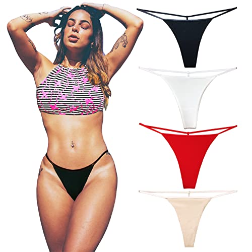 KUKU PANDA Cotton G String Thongs for Women T Back Gstring Underwear Seamless Panties Tangas Sexy 4 Pack Set (B/R/W/N, Medium)