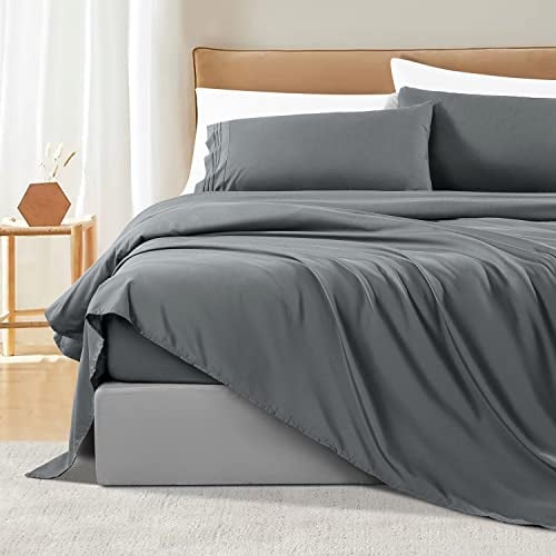 Shilucheng King Size Bed Sheets Set Microfiber Polyester 1800 Thread Count Percale Super Soft and Comforterble 16 Inch Deep Pockets - 4 Piece (King, Dark Grey)