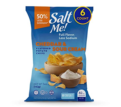 SaltMe! Better for You Potato Chips, 50% Less Sodium, Kosher, Non-GMO, Better for You Chips Pack, Flavorful Low Salt Sour Cream and Cheddar Chips, 5 Ounces, Pack of 6