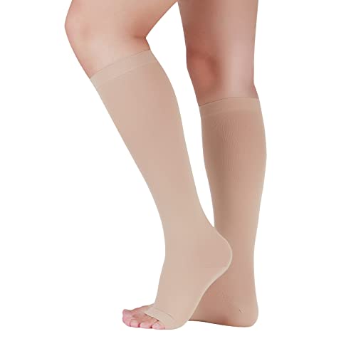 Lin Performance 20-30 mmHg Compression Socks for Women and Men Knee High Open Toe Stockings Varicose Vein Swollen legs(M, Beige)