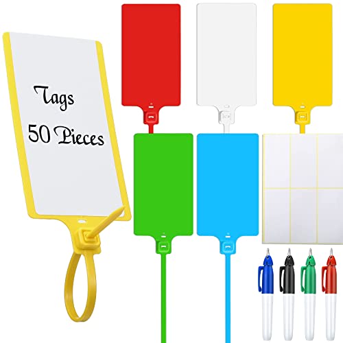 Waterproof Plastic Tags with Marker Pens and Sticker Labels, Self Locking Bag Tags Writable Tags with Wire Cable Ties for Luggage (Multi Colors, 50 Pieces)