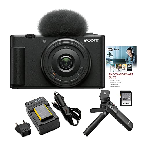 Sony ZV-1F Vlog Camera for Content Creators and Vloggers (Black) Bundle with Vlogger Accessory Kit, Photo Video Art Suite, and Rechargeable Lithium-Ion Battery Pack with Charger (4 Items)