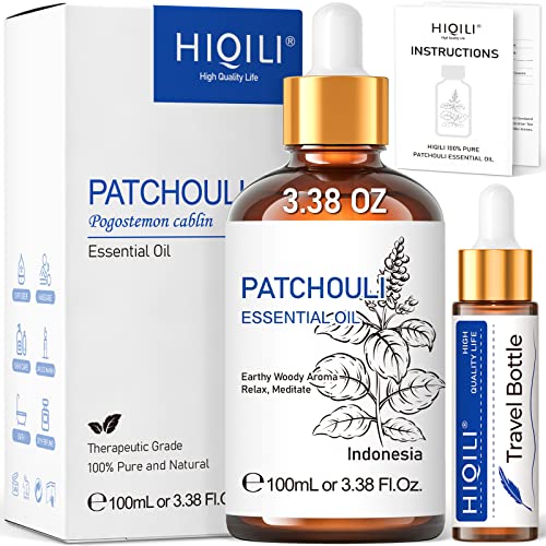 HIQILI Patchouli Essential Oil, Pure Natural and Organic, for Perfume Making, Diffuser and Skin - 3.38 Fl Oz