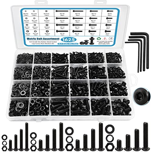 1625PCS Metric Screw Assortment Kit, Metric Bolt Assortment M2 M3 M4 M5 Machine Screws with Lock & Flat Washers, Grade 10.9 Alloy Steel Hex Socket Head Screws Nuts and Bolts Assortment Kit