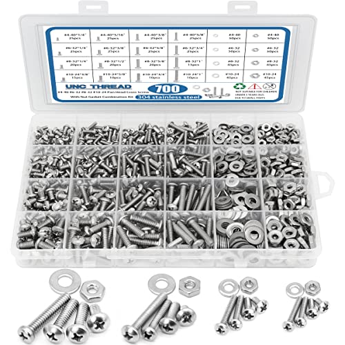 700Pcs Nuts and Bolts Assortment Kit, 4-40#6-32#8-32#10-24 Phillips Pan Head Assortment Stainless Steel Bolts Nuts Flat Washers Nuts Bolts with Case