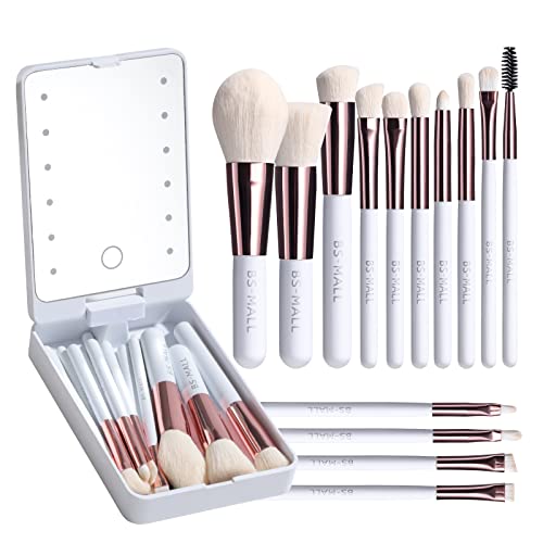 BS-MALL Travel Makeup Brushes Set Foundation Powder Concealers Eye Shadows Makeup Travel Set with LED Mirror Case 14 PCS Makeup Brushes White