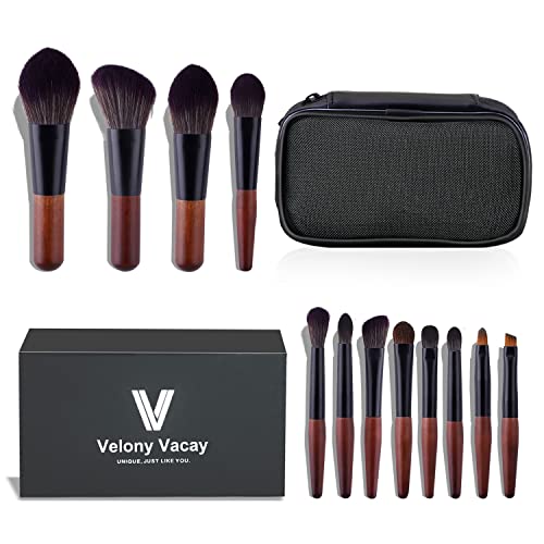 Velony Vacay Makeup Brushes Set, 12 Pcs Mini Travel Makeup Brush Set with Case, Travel Brush Set for Loose powder, Contour, Blush, Concealer, Eyeshadow, Brow Brushes Tool Kit
