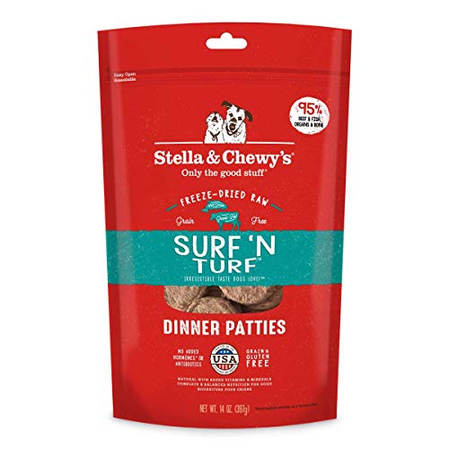 Stella & Chewys Freeze Dried Raw Dinner Patties  Grain Free Dog Food, Protein Rich Surf N Turf Salmon & Beef Recipe  14 oz Bag