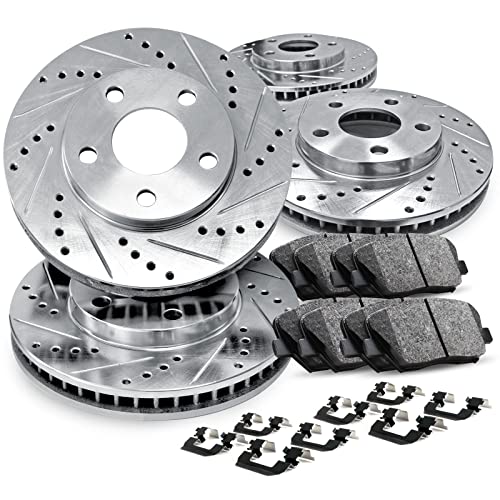 R1 Concepts Full Kit Front Rear Silver Drilled and Slotted Brake Rotors with Ceramic Pads and Hardware Kit Compatible For 2018-2021 Honda Accord